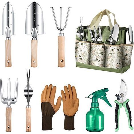 Garten-Set – Gartengeräte aus Edelstahl – Für die Gartenpflege im Freien – 9-teilig mit Aufbewahrungstasche (1/5)