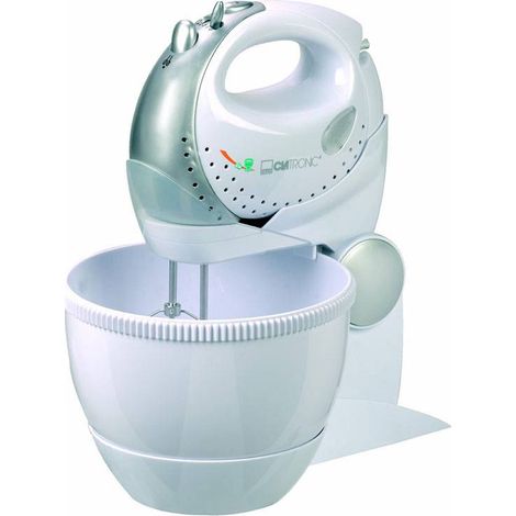 Clatronic HMS 2739 Batidora Amasadora 2en1, Batidora Mano Varillas 5 Velocidades + Turbo, Recipiente Giratorio 250W Blanco/Gris (1/2)