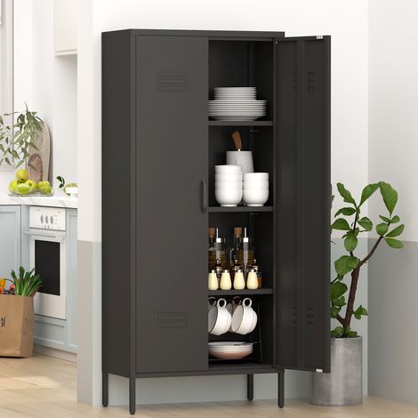 Armoire de rangement haute en métal noir avec 2 portes et étagères réglables, meuble utilitaire multifonctionnel pour bureau à domicile, buanderie et garage. (1/5)