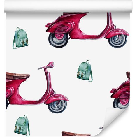 Papel pintado de scooters retro en estilo acuarela para salón y dormitorio, 50x1000 cm. (1/5)