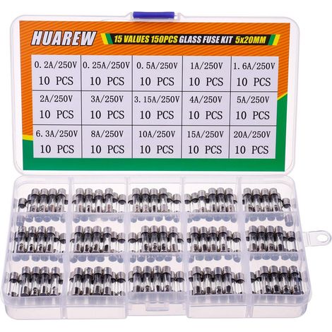 15 valeurs 150 pièces 5x20mm fusibles en verre à fondre rapide 0,2x0,78 pouce 250V tension 0,2 0,25 0,5 1 1,6 2 3 3,15 4 5 6,3 8 10 15 20A ampère Kit de classification (1/5)