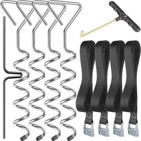 Kit d'Ancrage Trampoline 4 Pièces Acier Galvanisé Piquets Tire-Bouchon Sangles Renforcées Sécurité Jardin Anti-Vent (1/5)