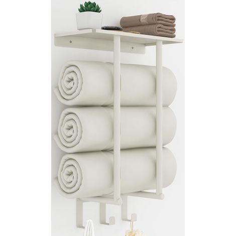 50 cm white wall-mounted towel rack with shelf and 3 hooks, in stainless steel, for 3 rolled towels. (1/5)