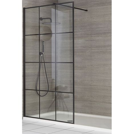 Milano Barq Recessed Walk In Wet Room Shower Enclosure with Black Grid Pattern Screen  Support Arm and White Tray - 1400mm x 700mm (1/5)