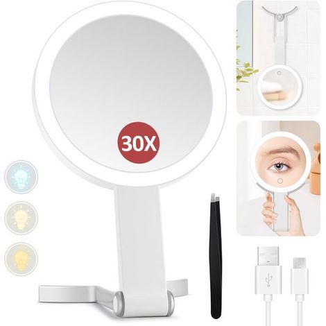 Ynkkvre - Miroir de maquillage lumineux grossissant x30 – Miroir portable double face avec poignée et crochet de suspension, luminosité réglable, idéal pour les voyages et la maison (1/5)
