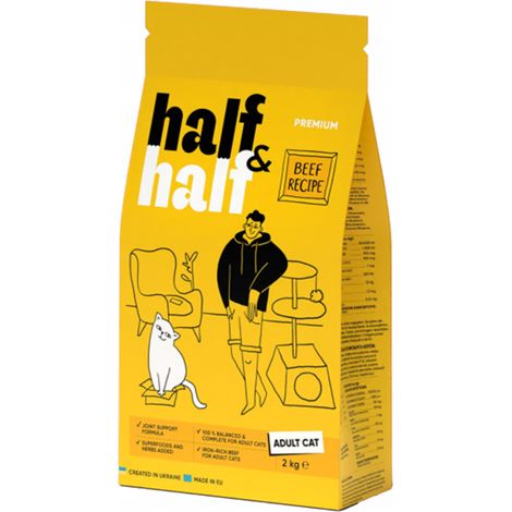 Croquettes Half&Half Premium pour chat adulte, bœuf, 2 kg (1/5)