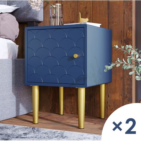 REDOM - Juego de 2 mesitas de noche 35x35x51 cm, motivo de escamas, puerta magnética, tirador reversible, madera azul marino (1/5)