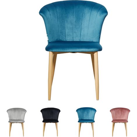 Silla de comedor individual Elsa de terciopelo - Silla de comedor moderna tapizada con patas de madera - Azul (1/5)
