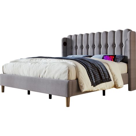 Lit double rembourré en lin gris 180x200 cm avec sommier à lattes et ports USB + Type-C, tête de lit panneau (1/5)