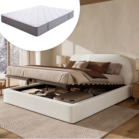 Letto contenitore 180x200 cm con rete a doghe e testiera imbottita, in tessuto, beige, materasso incluso (1/5)