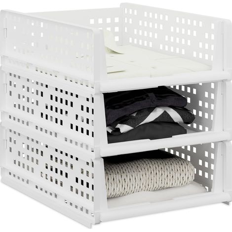 Relaxdays Organizer Pieghevoli per Armadio, Set 3 Box Estraibili in Plastica, Impilabili, HLP: 13x33,5x43,5 cm, Bianco