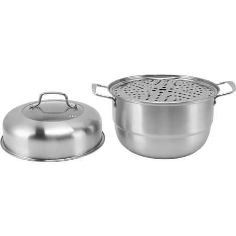 Dampfgarer aus Edelstahl mit Griffen an beiden Seiten, mehrlagig, dickwandig, mit Deckel aus gehärtetem Glas, 2 Ebenen (1/5)