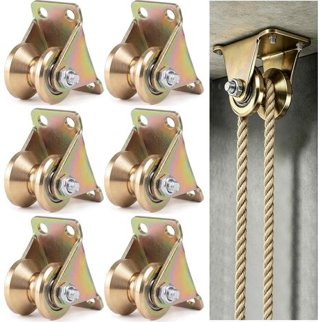 Lot de 6 poulies en acier pour cordes de 6 mm, rainure en V avec roulement à billes, poulie de treuil, roulettes lourdes pour poulie, corde à linge, câbles métalliques, système de poulie (1/5)