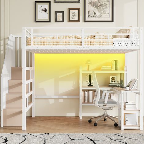 Lit mezzanine 140x200 avec bureau escalier rangements LED USB métal MDF blanc