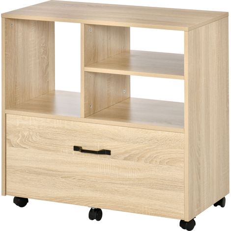 Bureau mobile en bois avec tiroir, 5 roulettes, étagère réglable, 77x40x73 cm (1/5)