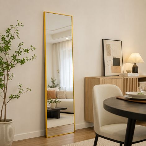Miroir sur pied 150×40cm，verre trempé haute définition，miroir pleine longueur, fixation murale ou sur pied，miroir sur pied carré, pied réglable, style moderne,cadre en alliage d'aluminium，Doré (1/5)