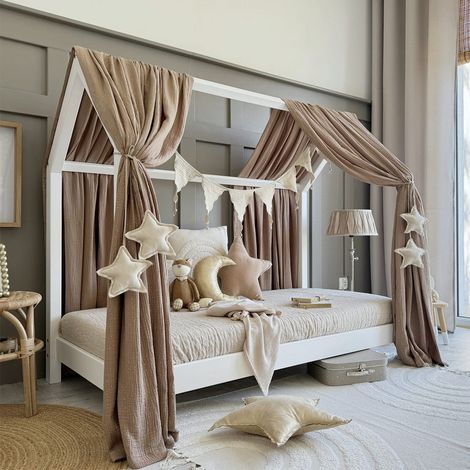 Ciel de lit en mousseline double pour 90x190 Marron et or (1/4)