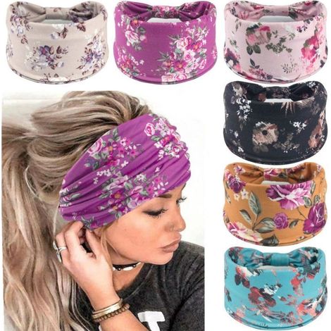 Diadema deportiva de 6 piezas con estampado floral y ala ancha, resistente al sudor. (1/5)