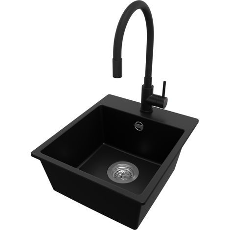 PRIMAGRAN Evier Cuisine en Granit 38x44cm, Lavabo 1 bac + Robinet 40x38cm + Kit de Vidage, Évier à Encastrer au meuble 40cm - Riga Easy, Noir