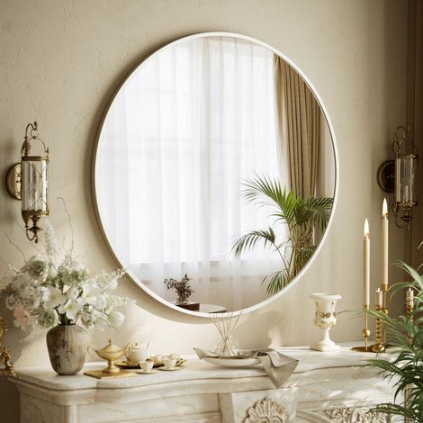 Miroir rond de 70 cm - Cadre en aluminium incassable - Miroir mural de salle de bain - Peut être suspendu ou posé - Convient pour chambre à coucher, salle de bain, salon - Blanc (1/5)