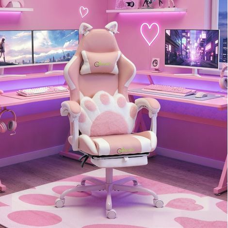 Fauteuil gamer rose en similicuir avec repose-pieds HAVRYA (1/3)