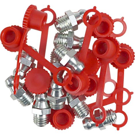 Satz M8x1 Schmiernippel mit roter Schmiernippelkappe, 10 Stück (1/3)
