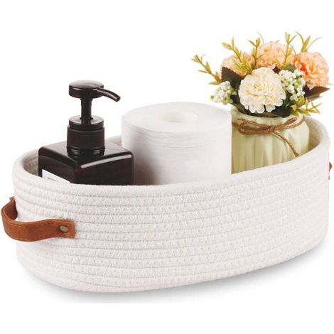 Panier De Rangement - Coton Bio Et Corde Naturelle - 33 X 15 X 10 Cm - Blanc - Pliable Et Lavable En Machine - 1 Pièce (1/5)