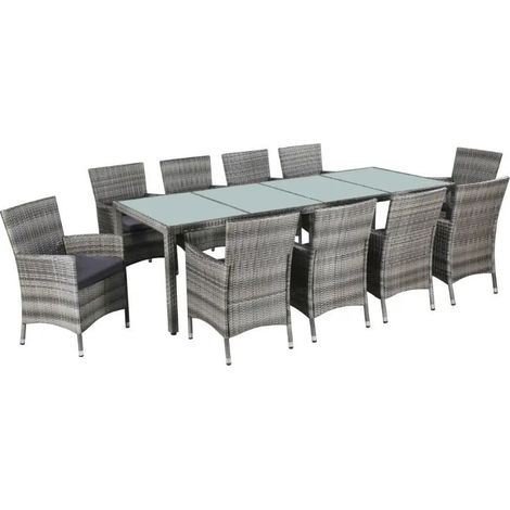 Table rectangulaire et 10 chaises de jardin résine tressée gris Mik (1/5)