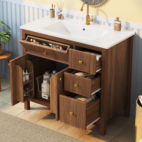 MODFU – Meuble sous vasque 91 cm MDF/bois massif/céramique – Vasque, tiroirs et portes soft-close – Charge 80 kg – Salle de bains – Noyer (1/5)