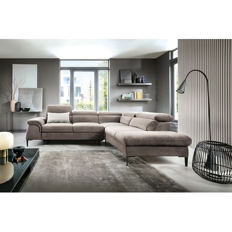Emporius Canapé d'angle Amaro L 280 cm, tissu velours, droite - pieds 15 cm, canapé d'angle 5 places, appuie-têtes réglables, beige foncé (1/5)