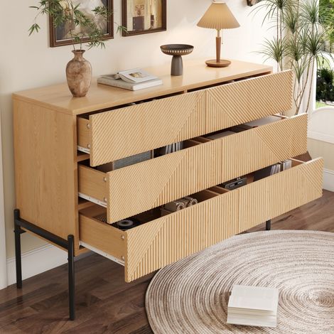 Buffet commode 115.5x38x75cm, Meuble de rangement avec 6 tiroirs pour salon et chambre, MDF et métal style scandinave moderne , Naturel (1/5)