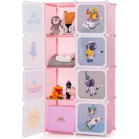 COSTWAY Armadio Portatile per Bambini, Organizzatore Modulari a 8 cubi,71x35,5x142 cm,Rosa (1/5)