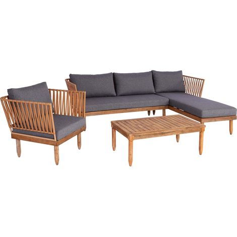 Set salotto giardino esterno salottino HHG-104 intreccio polyrattan acciaio legno acacia cuscini grigio scuro