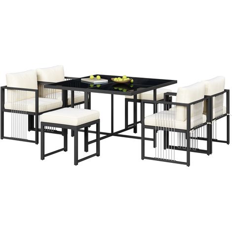 6-Sitzer Gartenmöbel aus Metall und Stoff mit Tisch, 4 Sesseln, 2 Hockern, Kissen, Schwarz und Bank (1/5)