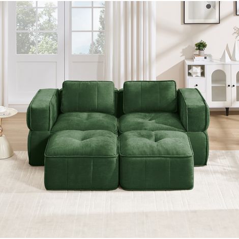 Divano modulare 2 posti con 2 pouf, schiuma 32D, verde HAVRYA (1/5)