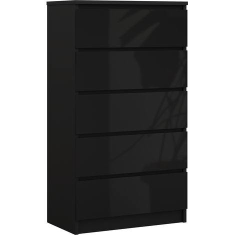 Commode 5 Tiroirs, Noir Mat / Noir Brillant, 70 x 39 x 125 cm (1/5)