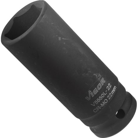 VIGOR Schlagschrauber Steckschlüsseleinsatz, lang, V5550L-22, 1/2 (12,5 mm) Vierkant hohl, Außen Sechskant Profil, SW 22 mm (1/4)