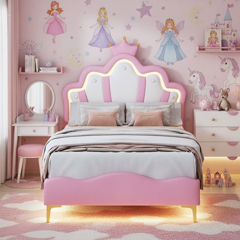 Lit enfant Princesse 90x200, lit fille, lit simple, tête de lit couronne avec bande lumineuse LED, sommier à lattes en bois massif, PU - Rose