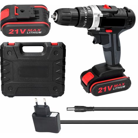 Perceuse à main multifonction 21 V avec jeu de forets, tournevis électrique, perceuse à percussion 3 en 1, 25 niveaux de couple réglables, 2 réglages de vitesse, 2 batteries au lithium de 1 200 mAh (1/5)