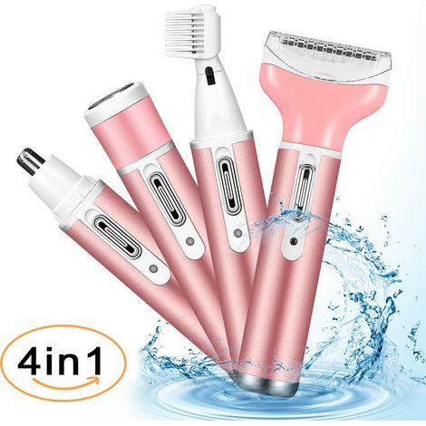 Rasoir Électrique Femme 4 en 1 Tondeuse Visage Sourcils Nez Corps, Rasoir Dépilatoire Multifonction Lames Inox, Rechargeable USB, Tête Lavable, Matériau ABS Tube Aluminium, Épilateur Portable pour Jam (1/4)
