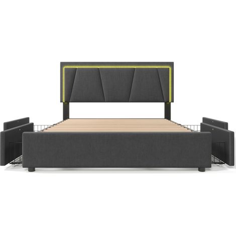 Cama tapizada gris 140x200 cm con LED y 4 cajones, cabecero regulable y colchón (1/5)