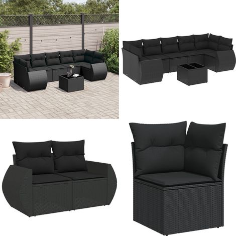 Set de sofás de jardín 8 piezas y cojines ratán sintético negro - Cojines de jardín - Muebles de exterior
