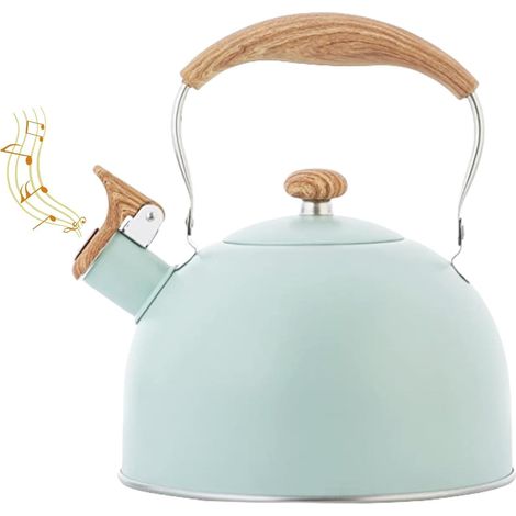 Bouilloire sifflante en acier inoxydable de 2,5 L avec poignée en bois, compatible avec les cuisinières à gaz et à induction (verte) (1/5)