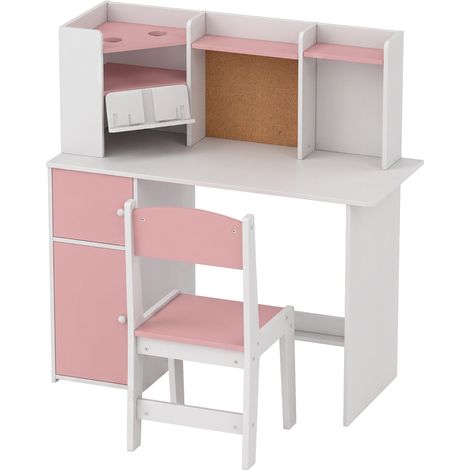 Bureau enfant avec chaise - Rose - Table d'étude avec support tablette réglable, porte-stylos et panneau en liège - Pour 5-12 ans - Pour chambre, école - Design ergonomique et pratique (1/5)