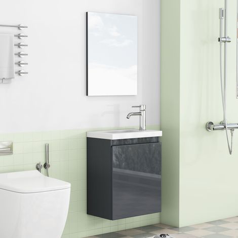 Mueble de baño suspendido de 40 cm en gris brillante con lavabo de cerámica y espejo, diseño sin tiradores, bisagras de cierre suave, premontado, ahorra espacio para baño y aseo de invitados. (1/5)