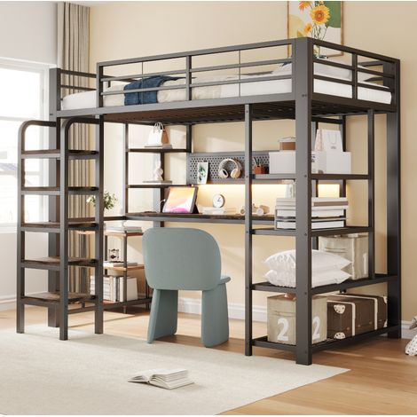 Cama alta 90x200 cm negra de metal, con escritorio LED y estanterias (1/5)