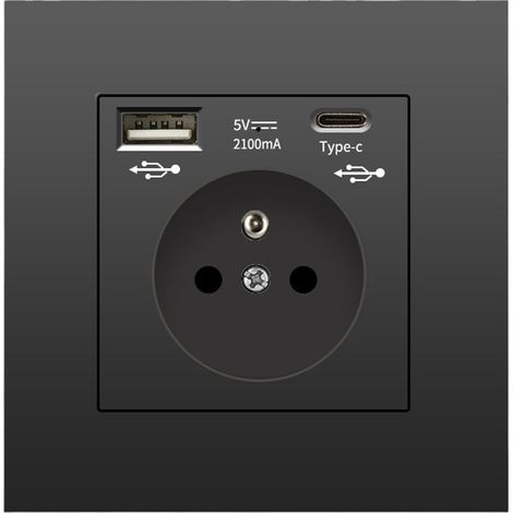 Prise Murale avec USB et Type C, 5V - 2,1A, Prise d'alimentation USB intégrée standard UE, multiprise française, 110-250V (noir) (1/5)