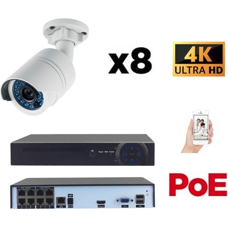 Kit vidéo-surveillance 8 caméras tube IP UltraHD 4K - 8 Mp POE