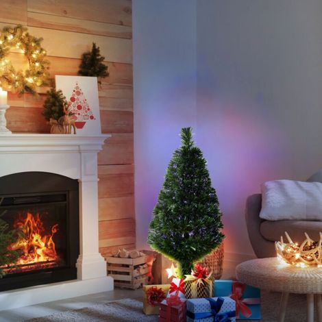 90cm Artificial Christmas Tree, with lights, 90cm tall, multi-colored fiber optic lights, stand included, 90 branches, green. (1/5)