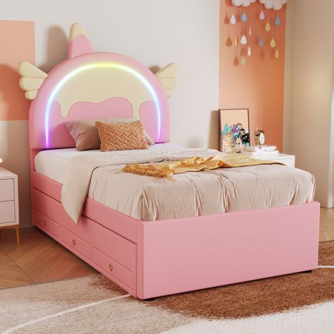 Lit enfant 90x200cm design licorne fonction gigogne tiroirs PU rembourré Rose (Sans matelas) (1/5)
